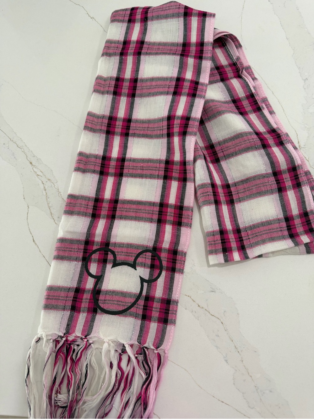 Pink Plaid Scarf with Black Outline Motif